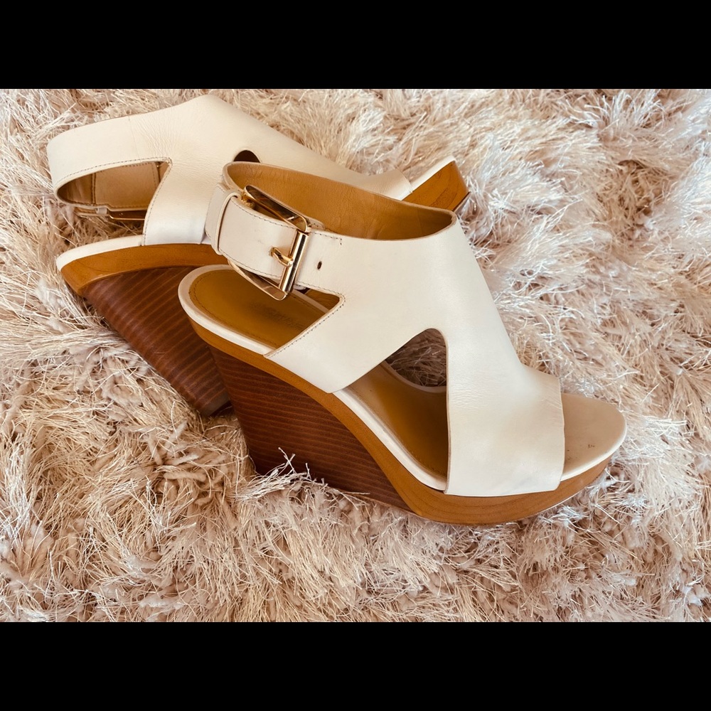 White, striped wooden wedges with silver hardware from Michael Kors